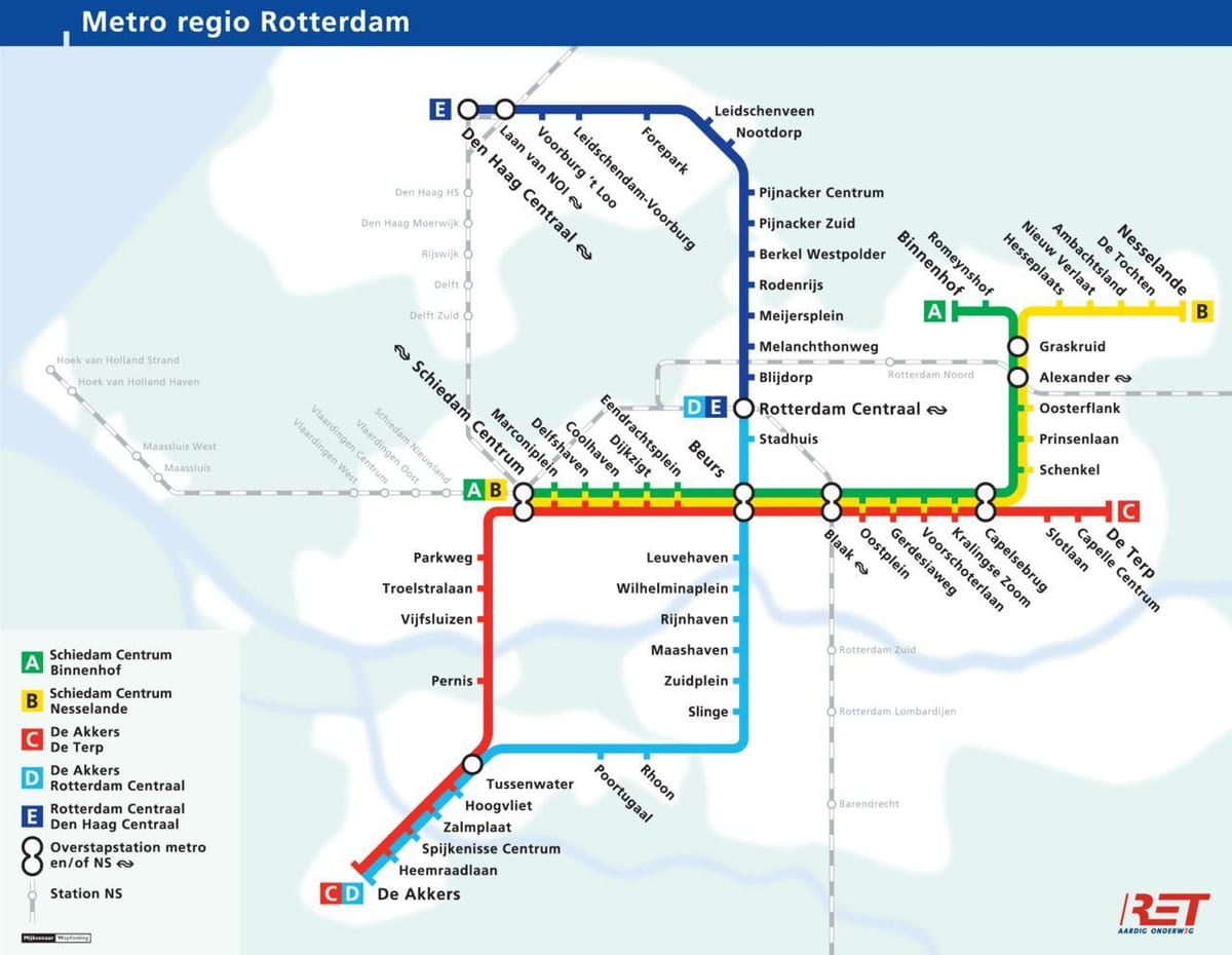 Mapa metro v Rotterdamu, nizozemsko